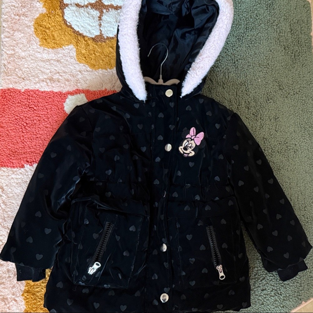 Disney Black Jacket with Heart Pattern and Character Design